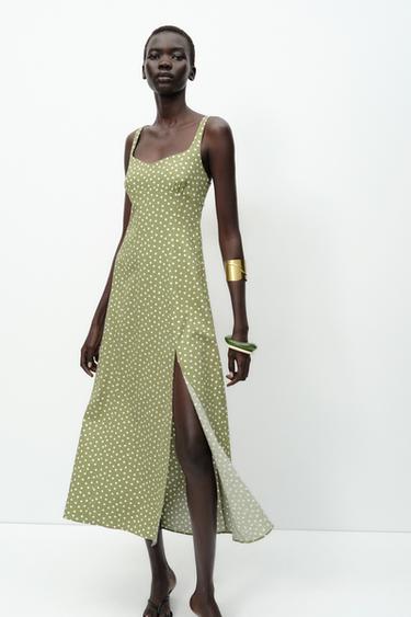 POLKA DOT LINEN BLEND MIDI DRESS - ecru/khaki by Zara