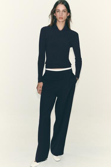 STRAIGHT-LEG TROUSERS WITH DOUBLE WAIST - Navy blue by Zara