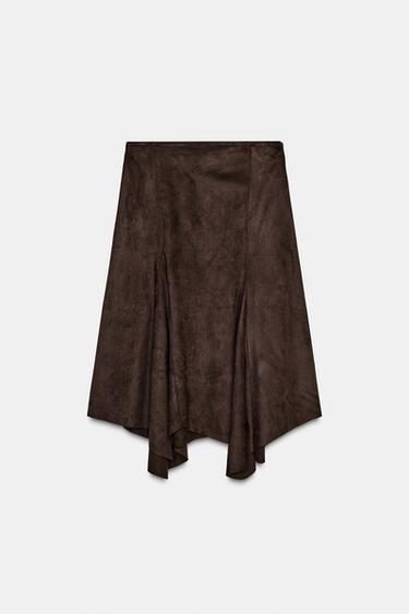 ASYMMETRIC SUEDE-EFFECT MIDI SKIRT - Brown by Zara
