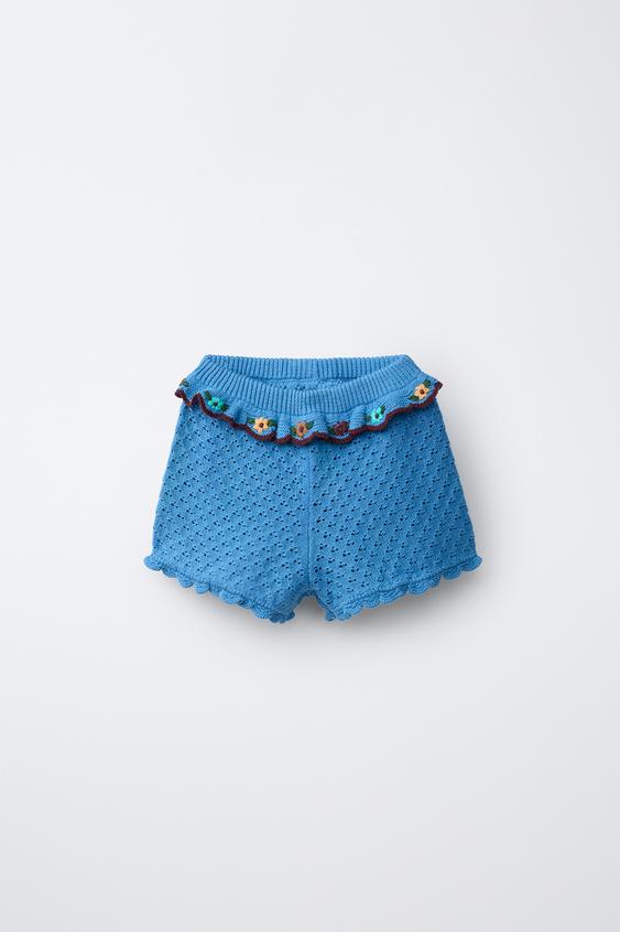 COTTON/LINEN BLEND EMBROIDERED RUFFLE KNIT BERMUDA SHORTS - Bluish by Zara - Image 0