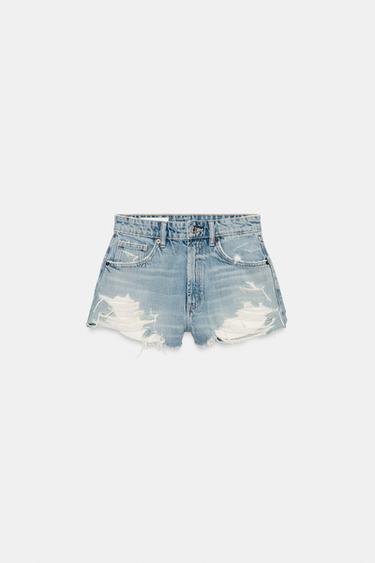 TRF HIGH-WAIST RIPPED DENIM SHORTS - Blue by Zara