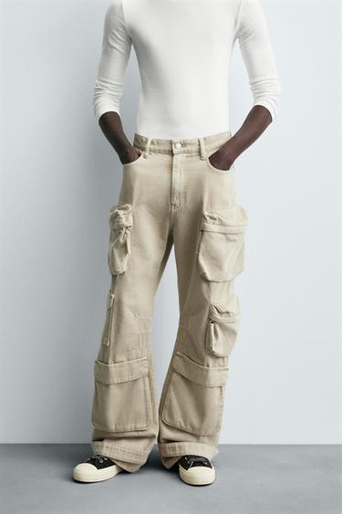 DENIM CARGO TROUSERS WITH POCKETS - camel by Zara