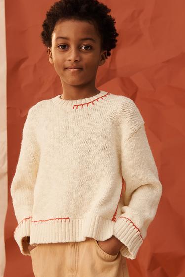 LIMITED EDITION KNIT JUMPER WITH TOPSTITCHING - Ecru / Red by Zara