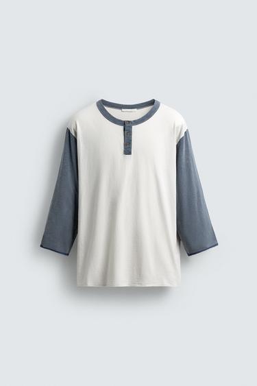 COLOUR BLOCK HENLEY T-SHIRT - Ecru by Zara
