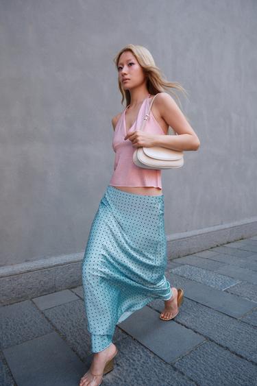SATIN POLKA DOT MIDI SKIRT - Light blue by Zara