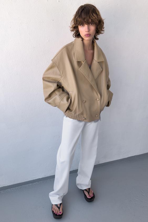 LEATHER EFFECT BOMBER JACKET - Stone by Zara - Image 0
