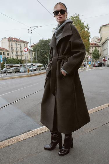 SOFT HIGH-NECK COAT WITH BELT - Brown by Zara