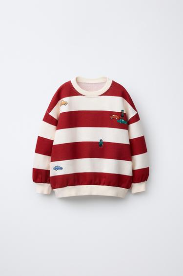 STRIPED EMBROIDERED SWEATSHIRT - Ecru / Red by Zara