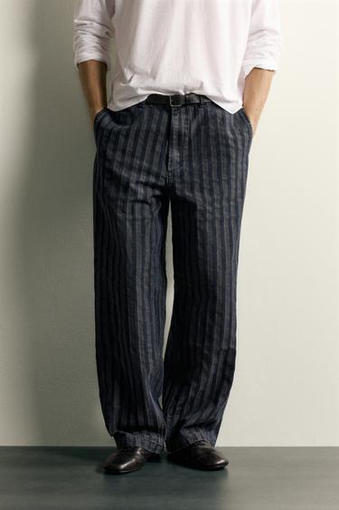 STRIPED RELAXED FIT CHINO TROUSERS - Blue by Zara