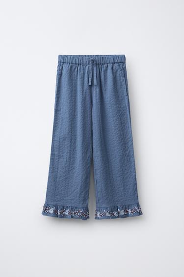 CULOTTES WITH EMBROIDERED FLORAL RUFFLES - Blue by Zara