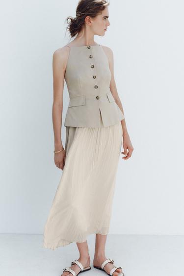 PLEATED SKIRT MIDI WAISTCOAT DRESS - Beige by Zara - Image 0