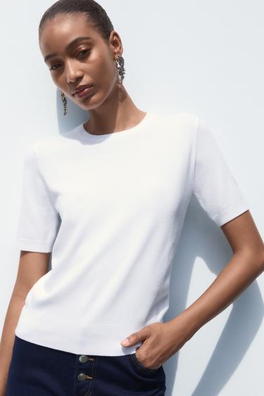 BASIC PLAIN KNIT SHORT SLEEVE TOP - White by Zara