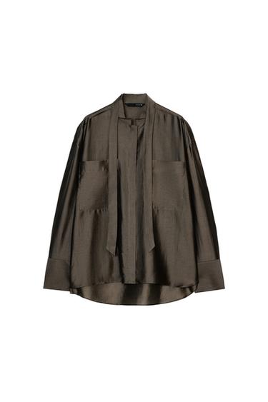 SHIRT WITH POCKETS AND BOW ZW COLLECTION - Brown / Taupe by Zara