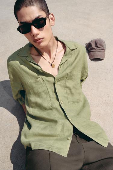 100% LINEN SHIRT - Green by Zara