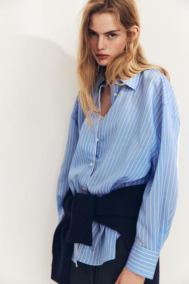STRIPED OVERSIZE POPLIN SHIRT - Blue/White by Zara