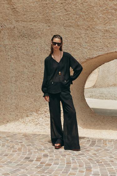 SEMI-SHEER WIDE-LEG TROUSERS - Black by Zara - Image 0