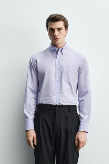 REGULAR FIT CHECK SHIRT - Lilac / White by Zara