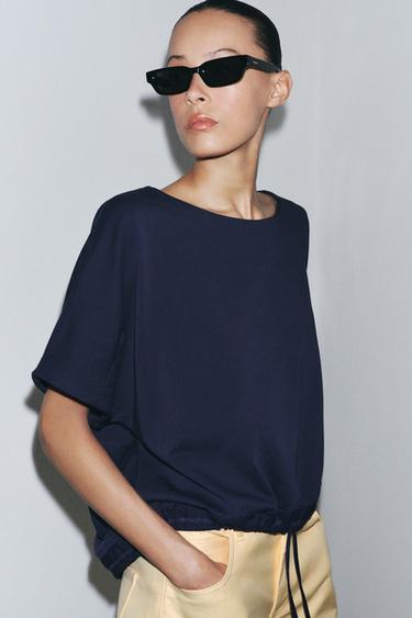 COTTON GATHERED T-SHIRT - Navy blue by Zara