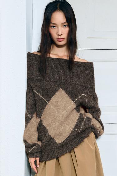 DIAMOND PATTERN STRAPLESS KNIT SWEATER - Grey / Beige by Zara