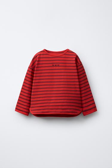 STRIPED T-SHIRT WITH EMBROIDERED HEARTS - BURGANDY MARS by Zara