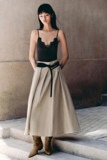 BELTED LAYERED MIDI SKIRT - Mid-camel by Zara