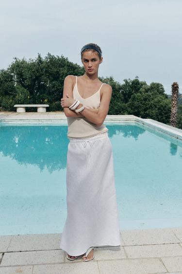 ZW COLLECTION 100% LINEN MIDI SKIRT - White by Zara