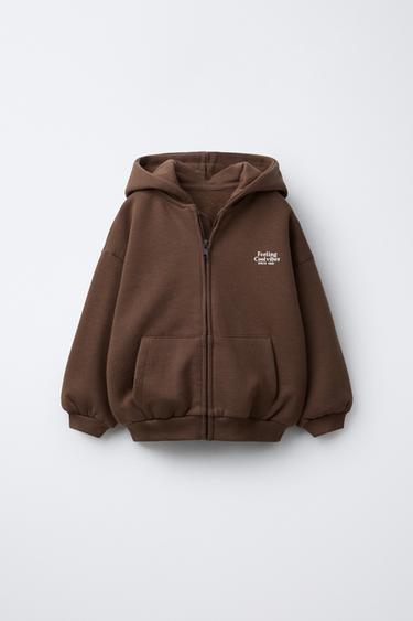 TEXT PRINTED ZIP-UP HOODIE - Brown by Zara