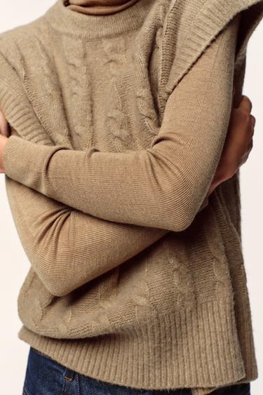 CABLE KNIT JUMPER WAISTCOAT - Light camel by Zara