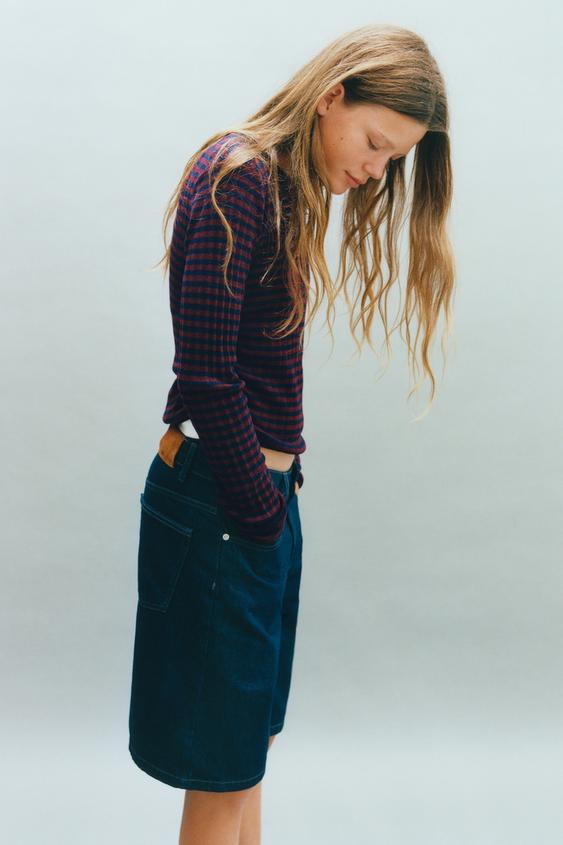 STRIPED GATHERED KNIT JUMPER - Dark burgundy by Zara - Image 0
