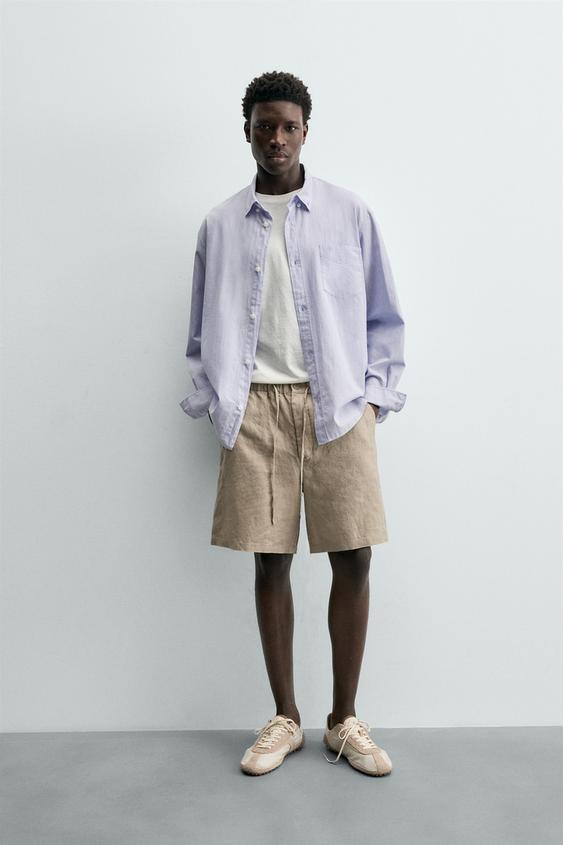 100% LINEN RELAXED FIT BERMUDA SHORTS - Taupe grey by Zara - Image 0