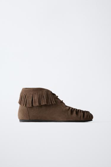 LEATHER LOW ANKLE BOOTS WITH FRINGES - Brown by Zara - Image 0