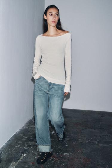 RIB BOAT NECK T-SHIRT - Ecru / Marl by Zara