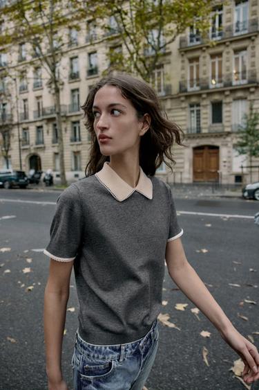JUMPER WITH SHORT SLEEVE POLO COLLAR AND LACE TRIM - Grey marl by Zara