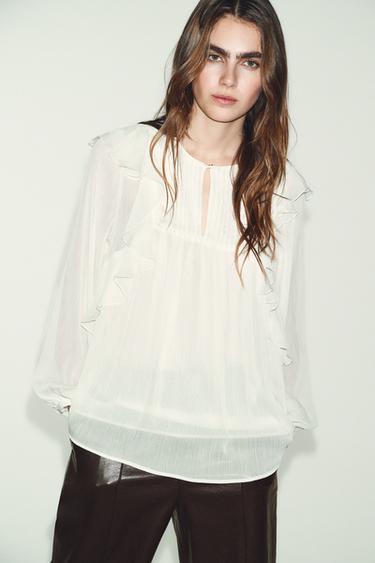 PIN TUCK AND RUFFLE BLOUSE - Ecru by Zara