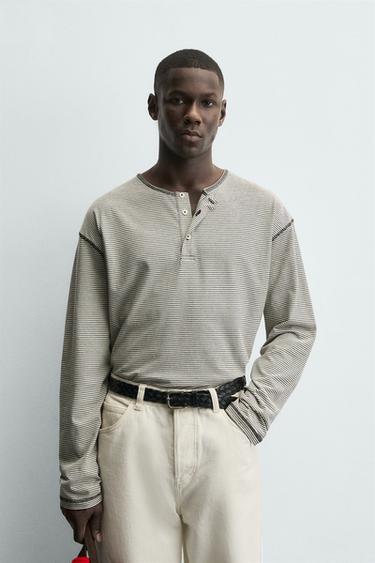 STRIPED HENLEY NECK T-SHIRT - Blue/White by Zara