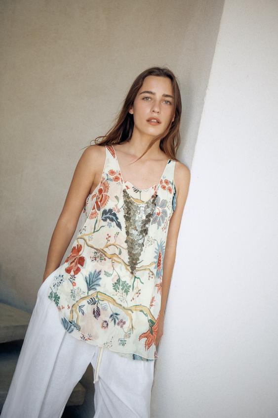 ZW COLLECTION BEADED PRINTED TOP - Multicoloured by Zara - Image 0