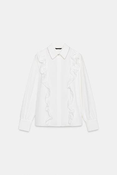 POPLIN SHIRT WITH BEADED LAPEL - White by Zara