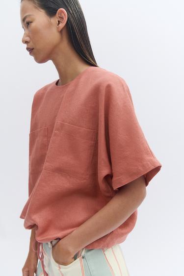 ZW COLLECTION 100% LINEN TOP WITH DRAWSTRINGS - Coral by Zara