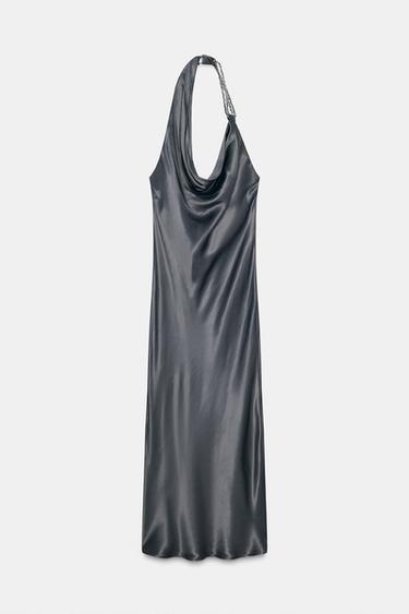 ASYMMETRIC BEADED SATIN MIDI DRESS - Anthracite grey by Zara