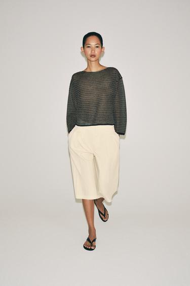 FINE KNIT STRIPED LINEN BLEND JUMPER - Black / Ecru by Zara