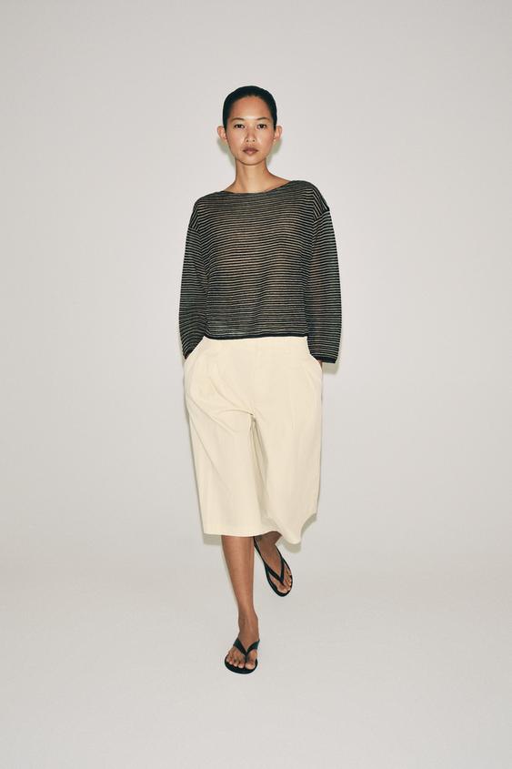 FINE KNIT STRIPED LINEN BLEND JUMPER - Black / Ecru by Zara - Image 0