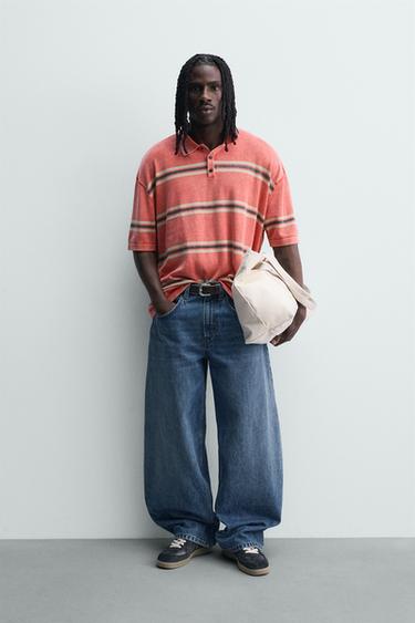 RELAXED FIT STRIPED KNIT POLO SHIRT - Red by Zara