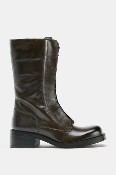 LEATHER LACE-UP ANKLE BOOTS - Khaki Green by Zara