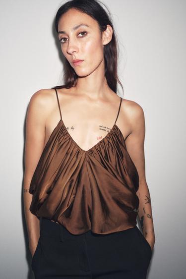 ZW COLLECTION DRAPED SATIN TOP - Tobacco by Zara