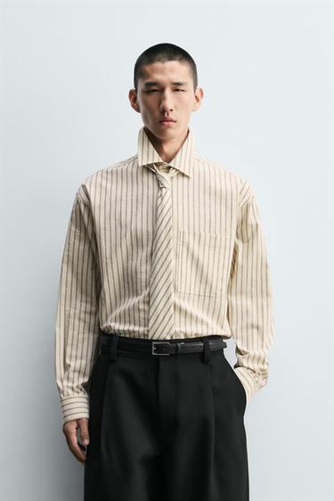 STRIPED SHIRT WITH CONTRAST TIE - Sand by Zara