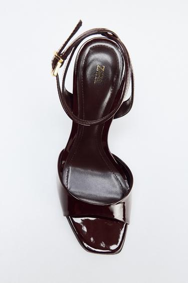 FAUX-PATENT-FINISH HEELED MULES - Brown by Zara