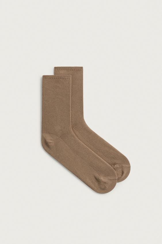 COTTON BLEND RIBBED SOCKS - Dark tan by Zara - Image 0