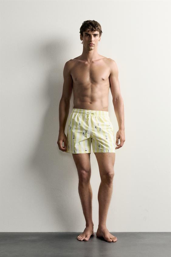 STRIPED BOAT EMBROIDERY MID-LENGTH SWIMMING TRUNKS - Ecru/Yellow by Zara - Image 0