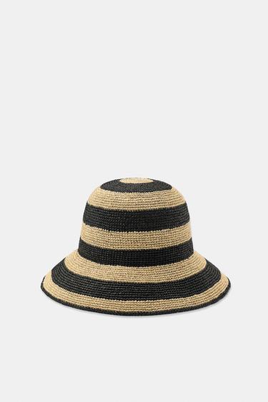 100% RAFFIA STRIPED HAT - Black / White by Zara