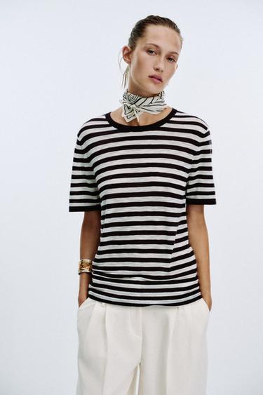 STRIPED KNIT SHORT SLEEVE TOP - Navy / White by Zara